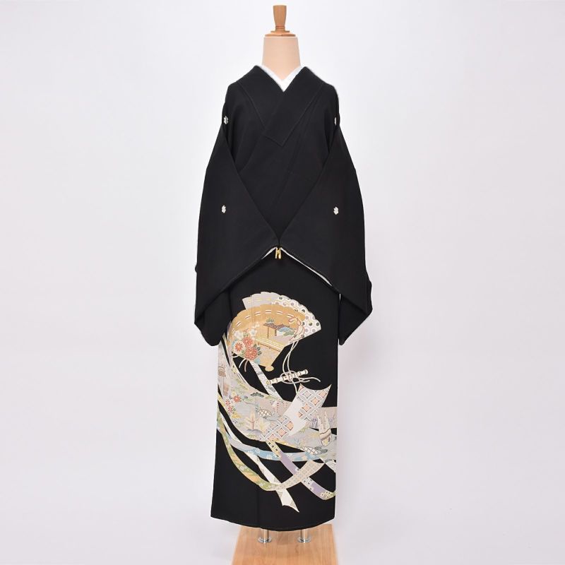 【中古品】「熨斗に扇」仕立て上がり 黒留袖 正絹 袷 五三の桐 五つ紋 貸衣装処分 レンタル処分品 結婚式