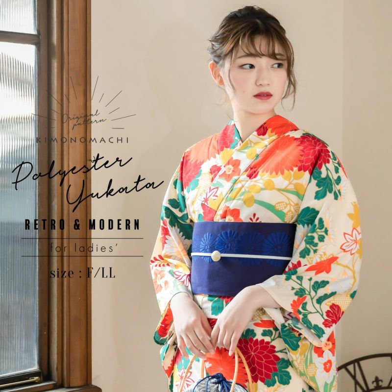 浴衣 レディース 吸水速乾 CoolPass ポリエステル浴衣 「ベージュ 菊と秋草」 Fサイズ LLサイズ 大人 女性浴衣単品 ポリ浴衣 個性的 花火大会 夏祭り 女性浴衣 女性ゆかた 夏着物 単衣着物 京都きもの町オリジナル KIMONOMACHI