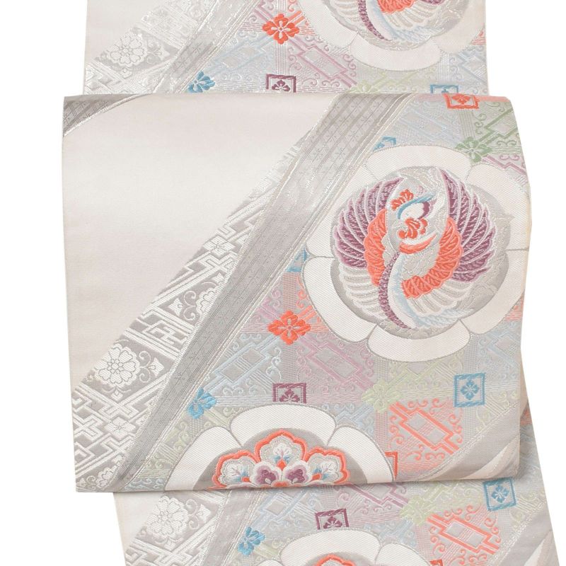 【中古品】仕立て上がり 袋帯 「白鼠　銀　紗綾形に鳳凰」 唐織