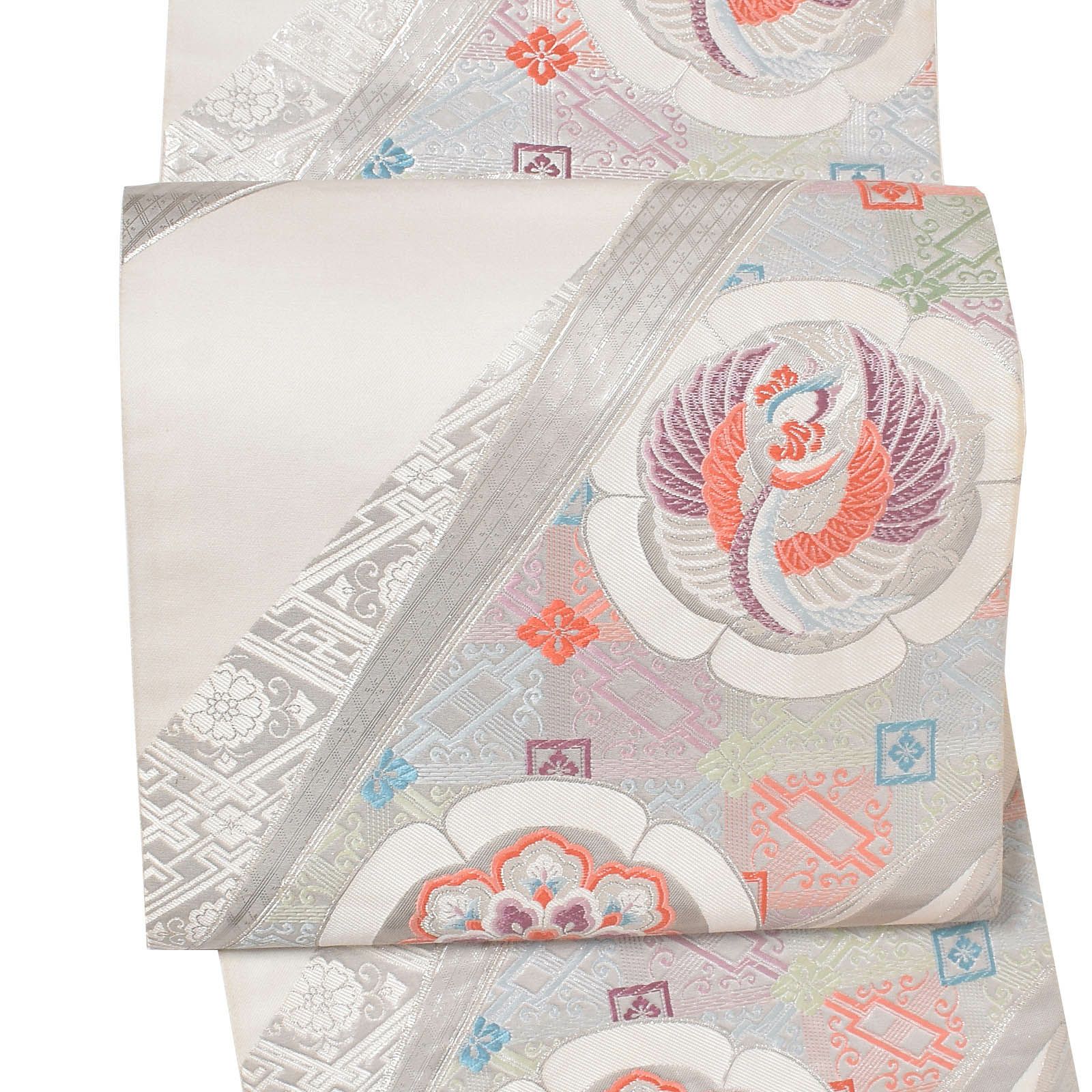 Prices down2】【中古品】仕立て上がり 袋帯 「白鼠 銀 紗綾形に