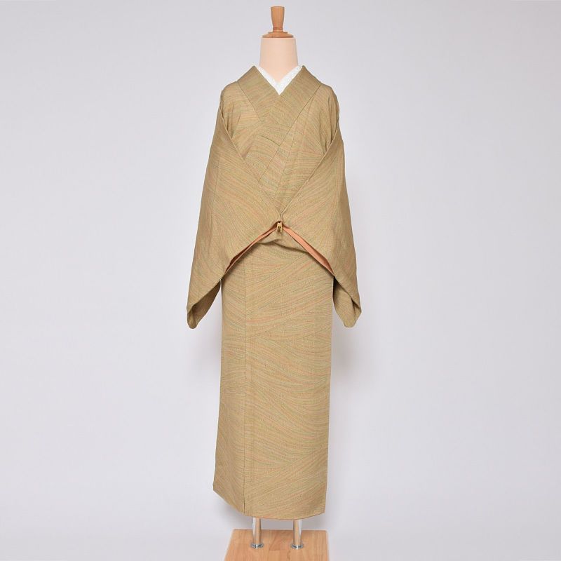 【中古品】仕立て上がり 袷着物 「芥子色　カラフル鮫小紋」 小紋 正絹