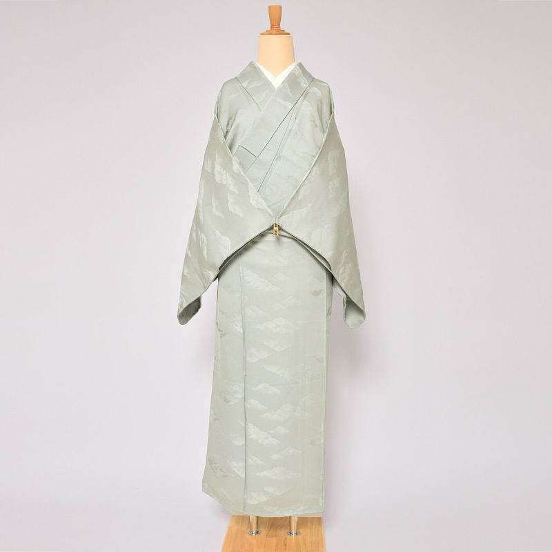 【中古品】仕立て上がり 袷着物 「白緑　霞地紋」 小紋 正絹