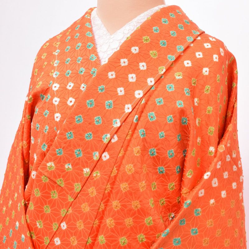 Prices down2】【中古品】仕立て上がり 袷着物 「朱色 麻の葉 Prices down2】【中古品】仕立て上がり 袷着物 「朱色 麻の葉