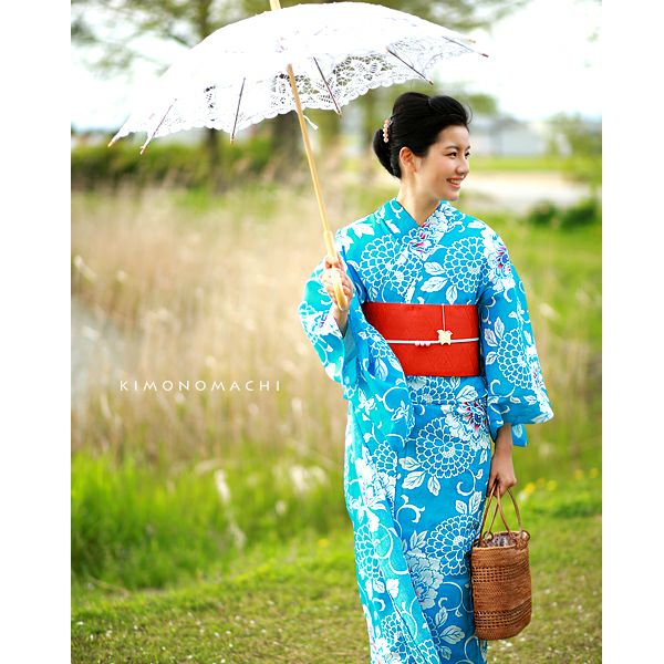浴衣 レディース 単品 「朱赤色 牡丹」 S F TL LL サイズ