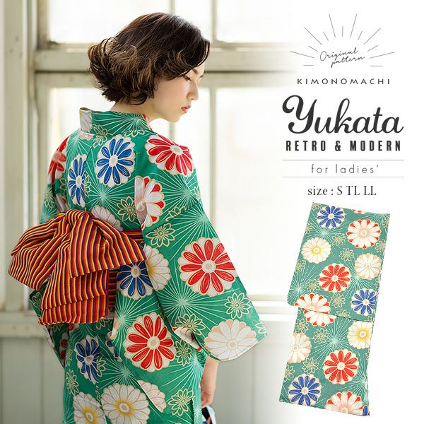 浴衣 レディース 単品 「グリーンお花模様」 サイズS/F/TL/LL 綿浴衣 平織り レディース レトロ かわいい 女性浴衣単品 女浴衣 ゆかた yukata