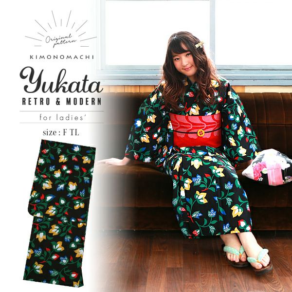 浴衣 レディース 単品 「黒　フラワー」 サイズF/TL 綿浴衣 平織り レディース レトロ かわいい 女性浴衣単品 女浴衣 ゆかた yukata