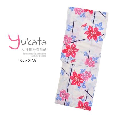 【Prices down】浴衣 レディース 単品 「CANON　白地　 ピンクの鉄線に竹垣」 2LW 大きいサイズ yukata 【メール便不可】ss2406ykl20