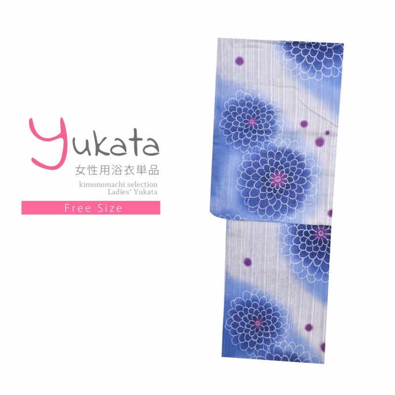 浴衣 レディース 単品 「白　青ぼかし　菊」 フリーサイズ yukata