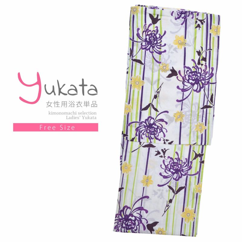 浴衣 レディース 単品 「CANOA　ストライプに紫の糸菊」 フリーサイズ yukata