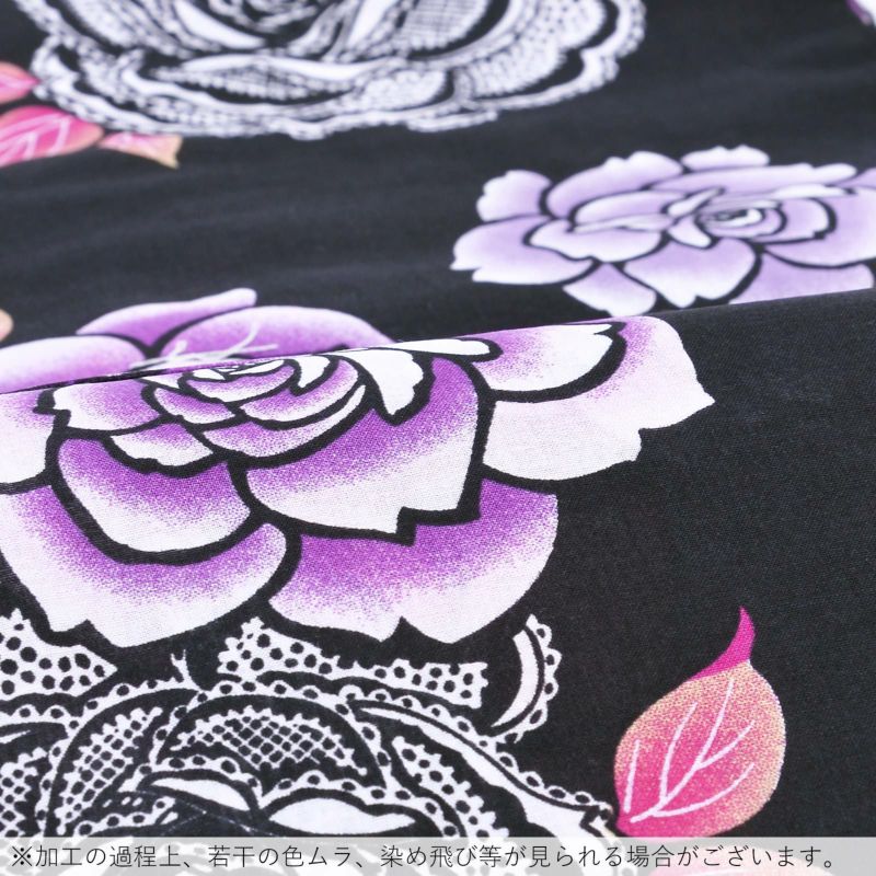 浴衣 レディース 単品 「黒地に紫のバラ」 フリーサイズ yukata