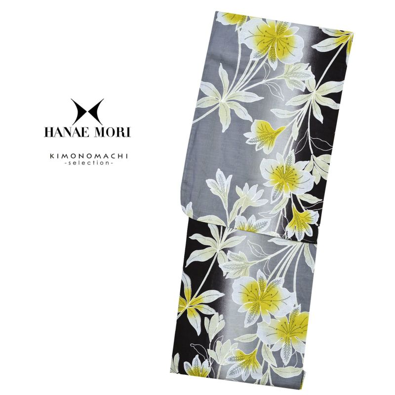 HANAE MORI 浴衣単品 「黒×グレー、蘭　イエロー　h1904」 大人浴衣 Fサイズ フリーサイズ 女性用 女性浴衣 ゆかた