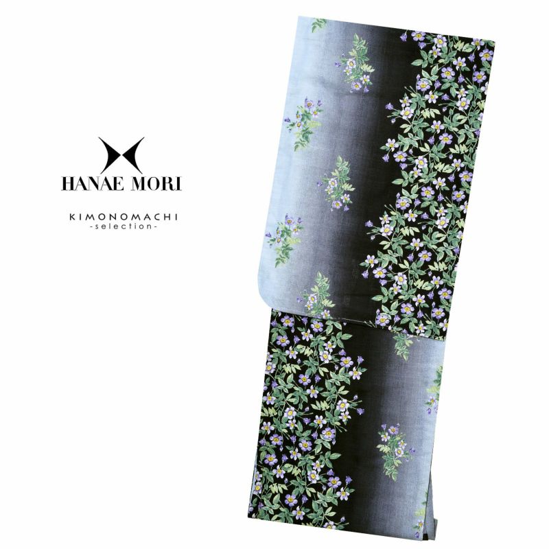 HANAE MORI 浴衣単品 「黒×水色　ベロニカ　h1906」 大人浴衣 Fサイズ フリーサイズ 女性用 女性浴衣 ゆかた
