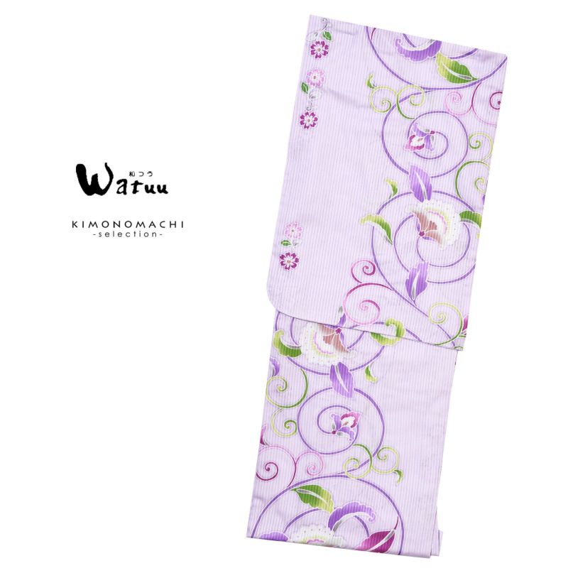 Watuu（和つう） 浴衣単品 「薄ピンク　唐花、渦巻　w1901」 大人浴衣 Fサイズ フリーサイズ 女性用 女性浴衣 ゆかた