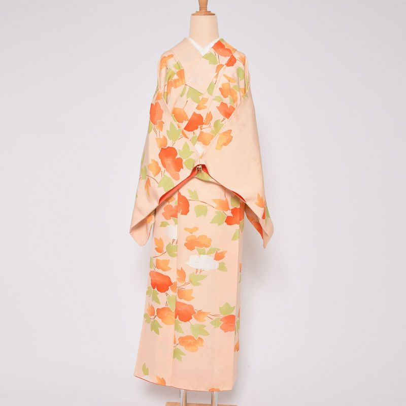 【中古品】仕立て上がり 袷着物 「オレンジクリーム　花野」 小紋 袷 正絹