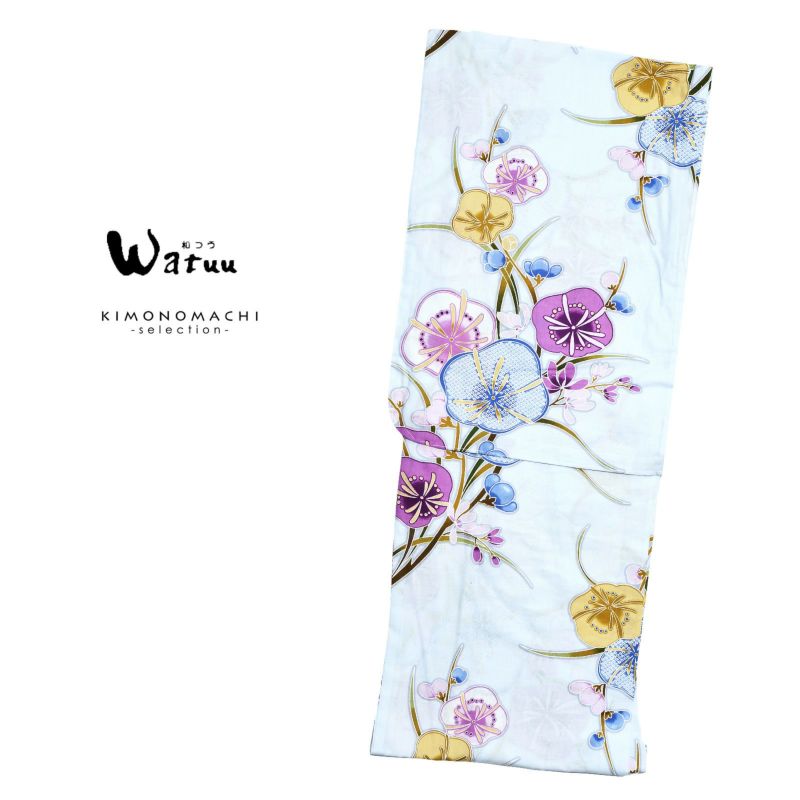 Watuu（和つう） 浴衣単品 「薄水色　梅と蘭　w1903」 大人浴衣 Fサイズ フリーサイズ 女性用 女性浴衣 ゆかた
