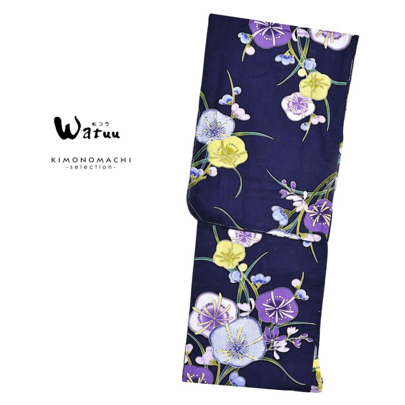 Watuu（和つう） 浴衣単品 「紺色　梅と蘭　w1904」 大人浴衣 Fサイズ フリーサイズ 女性用 女性浴衣 ゆかた