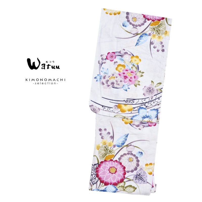Watuu（和つう） 浴衣単品 「薄灰色　型染め調の菊、花の丸　w1905」 大人浴衣 Fサイズ フリーサイズ 女性用 女性浴衣 ゆかた