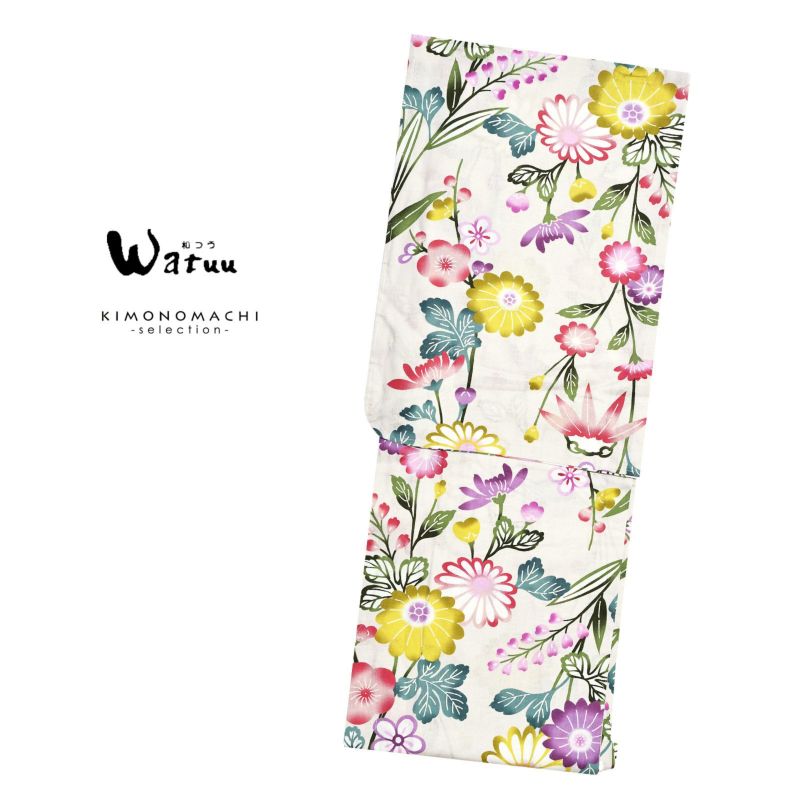 Watuu（和つう） 浴衣単品 「生成り色　型染め調の菊、梅　w1907」 大人浴衣 Fサイズ フリーサイズ 女性用 女性浴衣 ゆかた