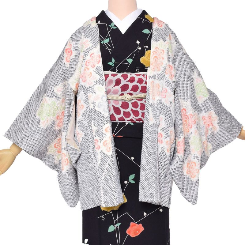 【中古品】羽織 「黒紺　花」 正絹 総絞り 羽織り 【メール便不可】ss2112kct10＜T＞