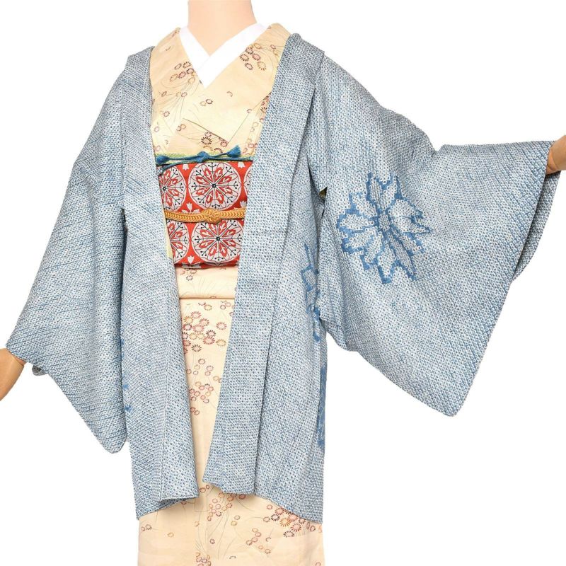 【中古品】羽織 「青　花　鹿の子絞り」 正絹 総絞り 羽織り
