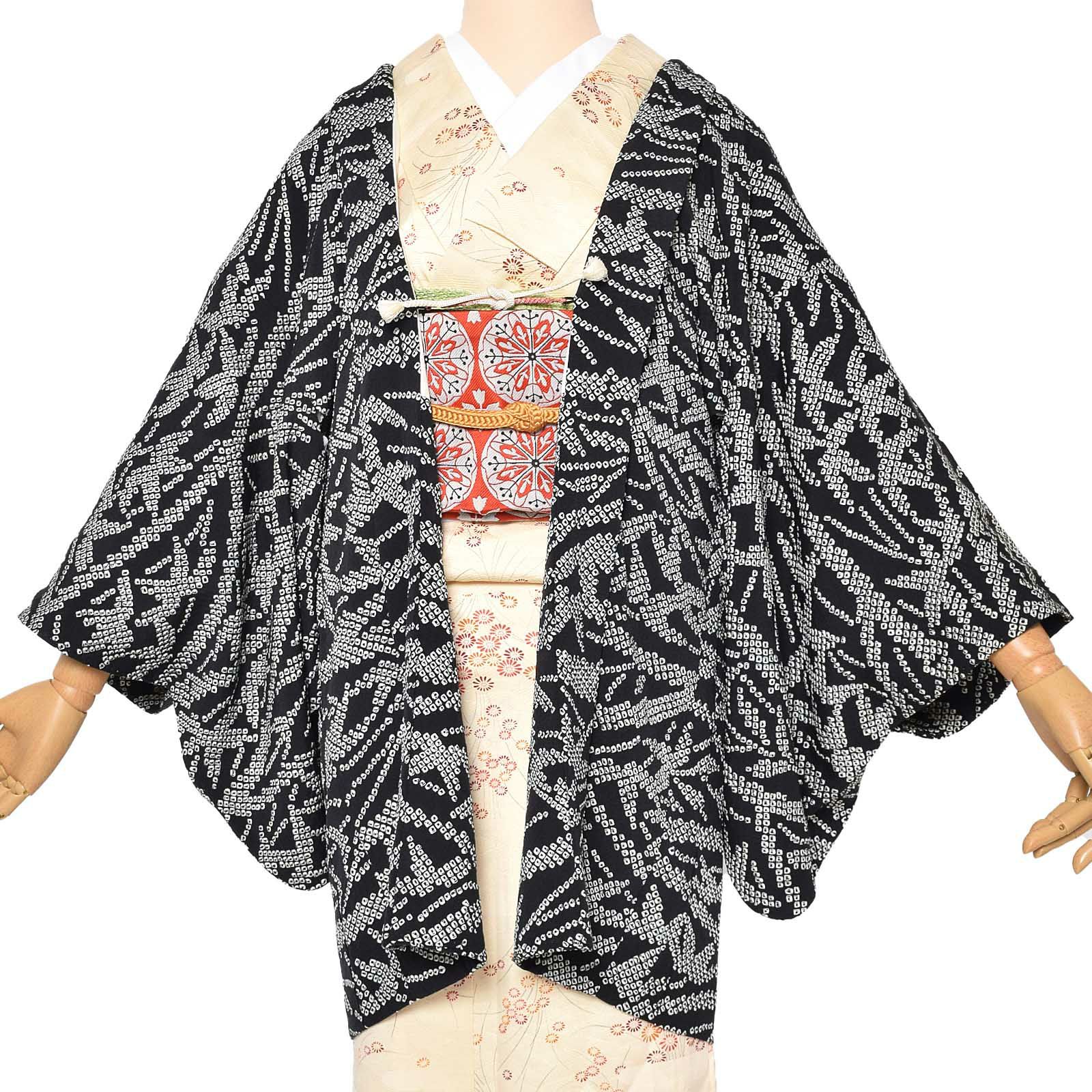 小紋 絞り ふくれ織 紋意匠 黒地 正絹 反物 小紋 ふくれ織 紋意匠 絞り 黒地 正絹 反物