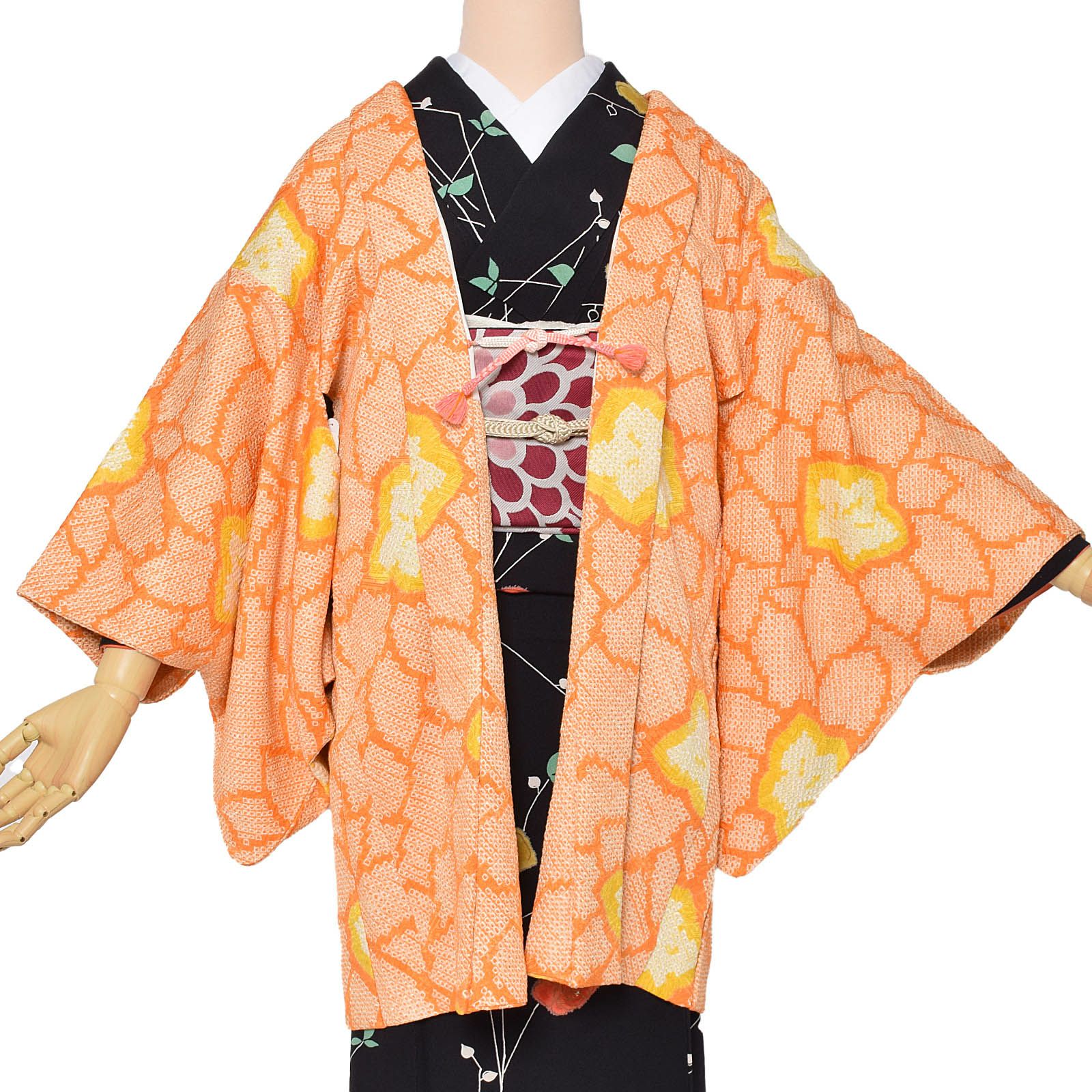【中古品】羽織 「オレンジ　花」 正絹 総絞り 羽織り