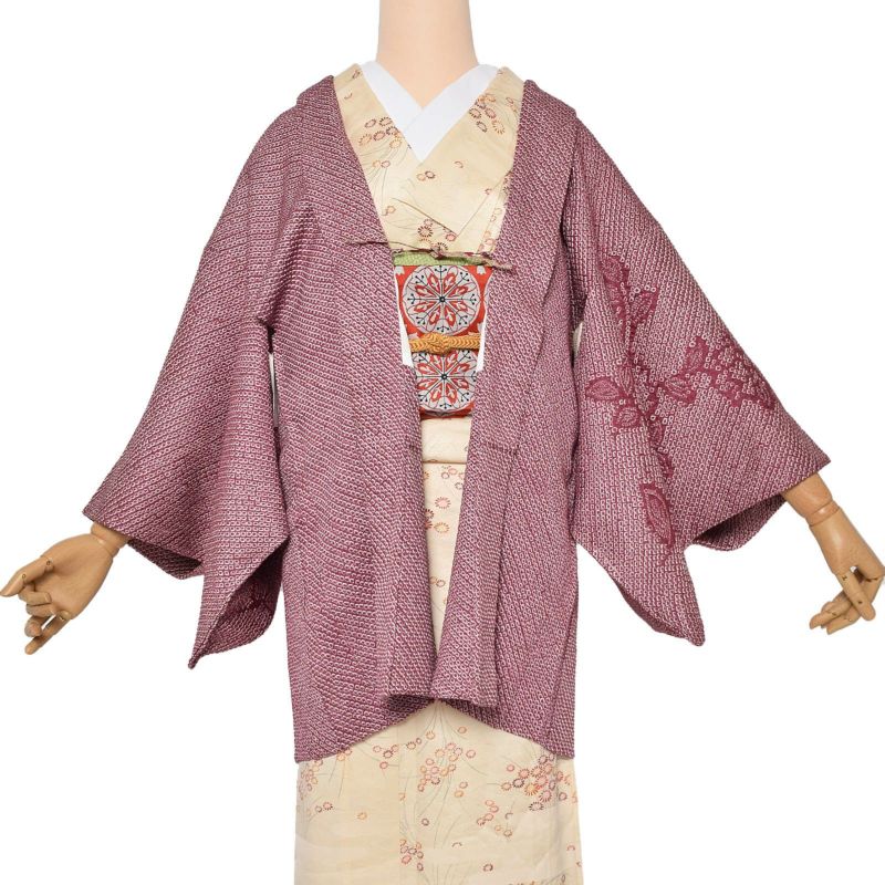 【中古品】羽織 「赤紫　薔薇」 正絹 総絞り 羽織り 【メール便不可】ss2112kct10＜T＞