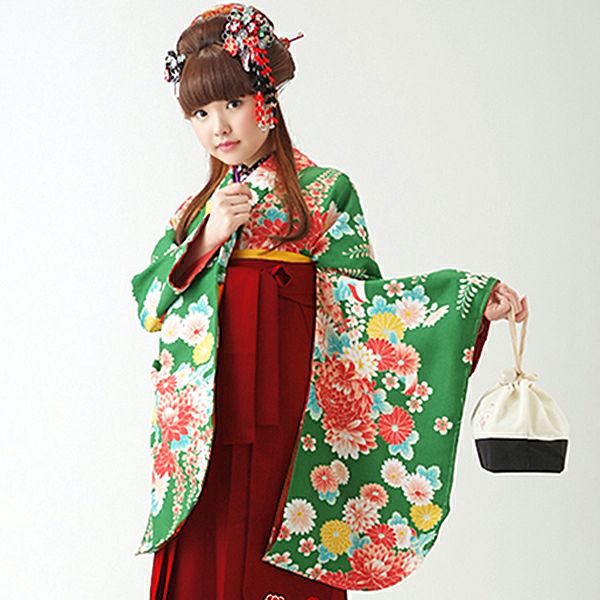 【中古品】卒業式袴セット 「二尺袖：緑　菊と藤の花+袴：エンジ×矢絣」 貸衣装処分 レンタル処分品 二尺袖 袴 卒業式、謝恩会に