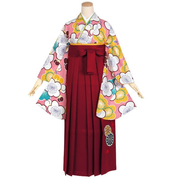 中古品】卒業式袴セット 「二尺袖：ピンク 梅の花+袴：エンジ×矢絣