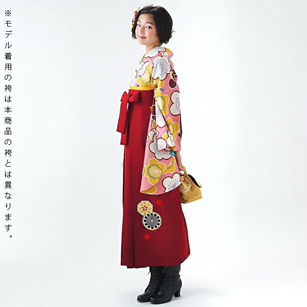 中古品】卒業式袴セット 「二尺袖：ピンク 梅の花+袴：エンジ×矢絣