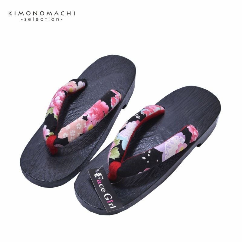 女性下駄単品 「黒地に牡丹と桜　雪輪」 Mサイズ 23.0~24.5cm 痛くなりにくい 下駄 女性 レディース 桐下駄 浴衣・夏着物に 浴衣下駄
