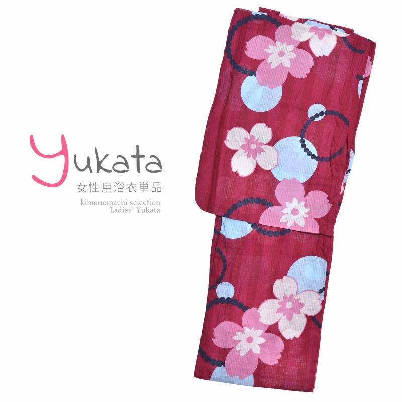 浴衣 レディース 単品 「赤地　ピンク×白花　水玉」 F フリーサイズ yukata