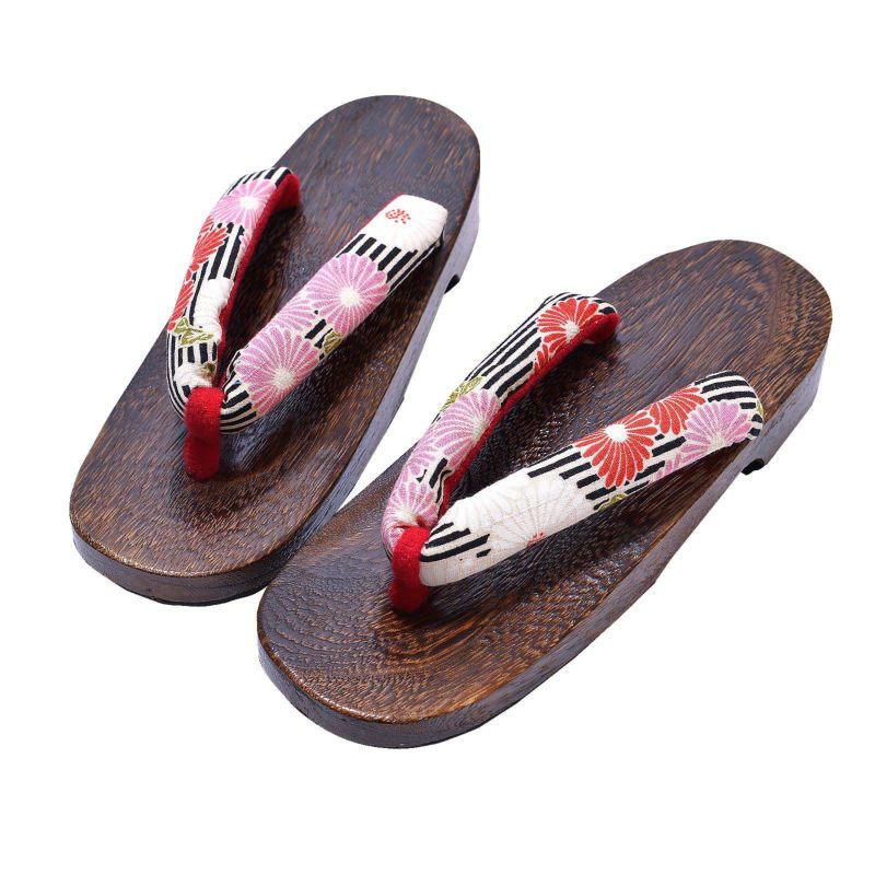 女性下駄単品 「台：黒　黒地に縞と菊」 フリーサイズ Fサイズ 23.5～24.5cm 痛くなりにくい 下駄 女性 レディース 桐下駄 浴衣・夏着物に 浴衣下駄
