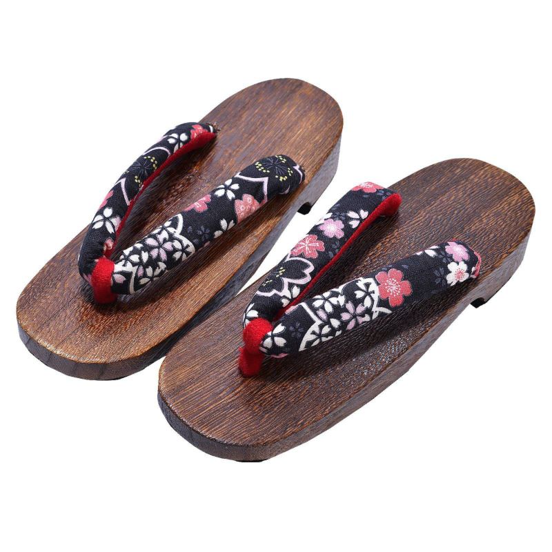 女性下駄単品 「黒地に赤と紫の桜」 フリーサイズ Fサイズ 23.5～24.5cm 痛くなりにくい 下駄 女性 レディース 桐下駄 浴衣・夏着物に 浴衣下駄