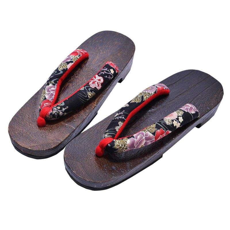 女性下駄単品 「黒地に流水　牡丹と桜」 24.0～25.5cm 痛くなりにくい 下駄 女性 レディース 桐下駄 浴衣・夏着物に 浴衣下駄