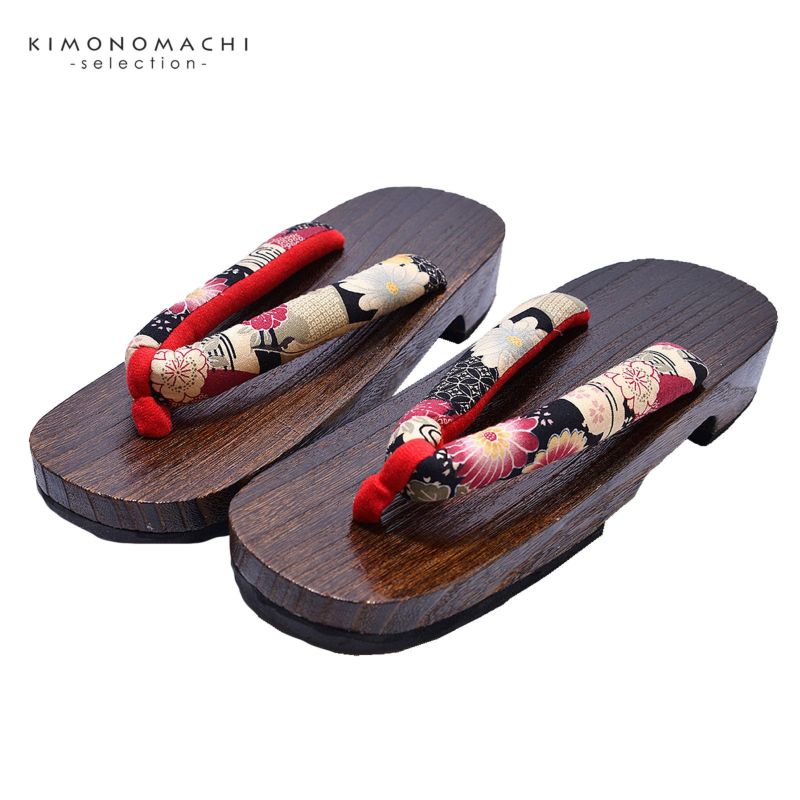 女性下駄単品 「黒地に菊　桜」 Lサイズ 24.0～25.5cm 痛くなりにくい 下駄 女性 レディース 桐下駄 浴衣・夏着物に 浴衣下駄