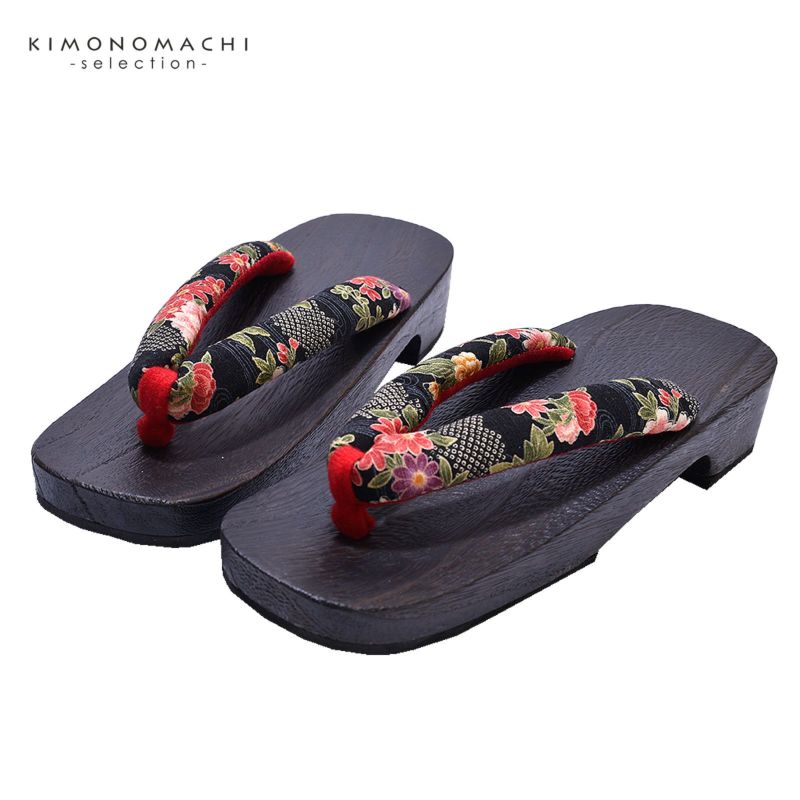 女性下駄単品 「黒地に流水に花　鹿の子」 Lサイズ 24.0～25.5cm 痛くなりにくい 下駄 女性 レディース 桐下駄 浴衣・夏着物に 浴衣下駄