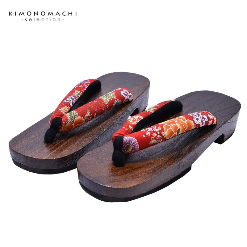 女性下駄単品 「緋色地に牡丹　菊」 Lサイズ 24.0～25.5cm 痛くなりにくい 下駄 女性 レディース 桐下駄 浴衣・夏着物に 浴衣下駄