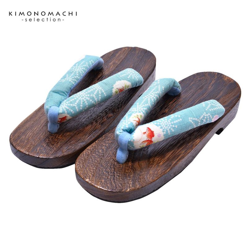 女性下駄単品 「薄水色地に金魚　麻の葉」 フリーサイズ Fサイズ 23.5～24.5cm 痛くなりにくい 下駄 女性 レディース 桐下駄 浴衣・夏着物に 浴衣下駄