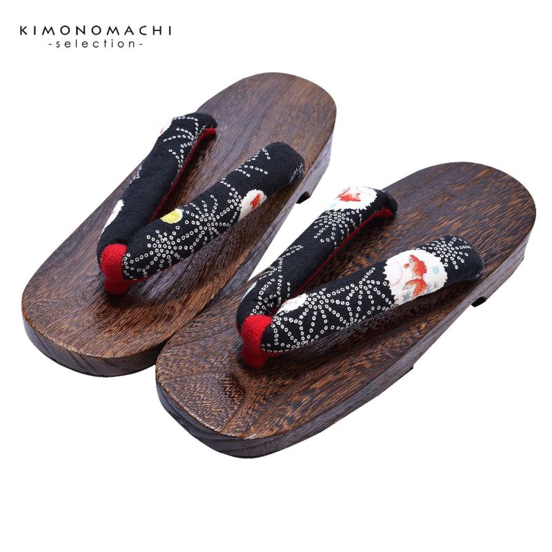 女性下駄単品 「黒地に金魚　麻の葉」 フリーサイズ Fサイズ 23.5～24.5cm 痛くなりにくい 下駄 女性 レディース 桐下駄 浴衣・夏着物に 浴衣下駄