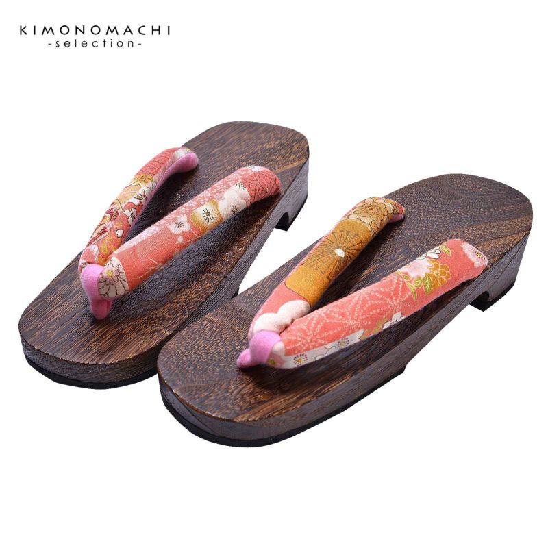 女性下駄単品 「曙色地に梅　麻の葉」 Lサイズ 24.0～25.5cm 痛くなりにくい 下駄 女性 レディース 桐下駄 浴衣・夏着物に 浴衣下駄
