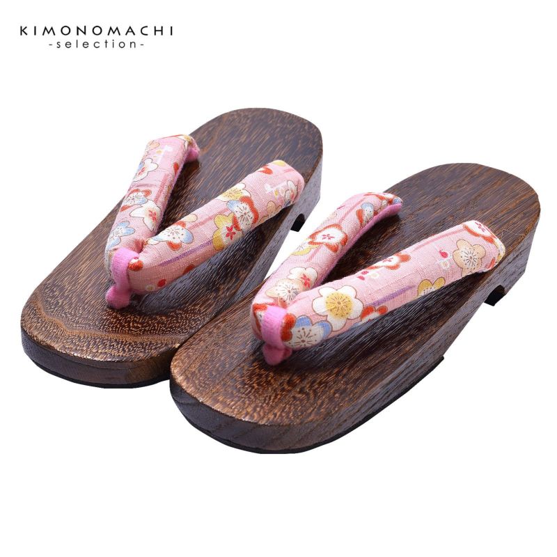 女性下駄単品 「台：茶　薄ピンク地に梅」 フリーサイズ Fサイズ 23.5～24.5cm 痛くなりにくい 下駄 女性 レディース 桐下駄 浴衣・夏着物に 浴衣下駄