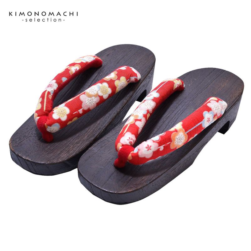女性下駄単品 「台：黒茶　赤地に梅」 フリーサイズ Fサイズ 23.5～24.5cm 痛くなりにくい 下駄 女性 レディース 桐下駄 浴衣・夏着物に 浴衣下駄