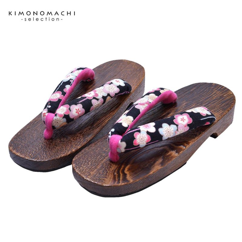 女性下駄単品 「黒地に梅」 フリーサイズ Fサイズ 23.5～24.5cm 痛くなりにくい 下駄 女性 レディース 桐下駄 浴衣・夏着物に 浴衣下駄