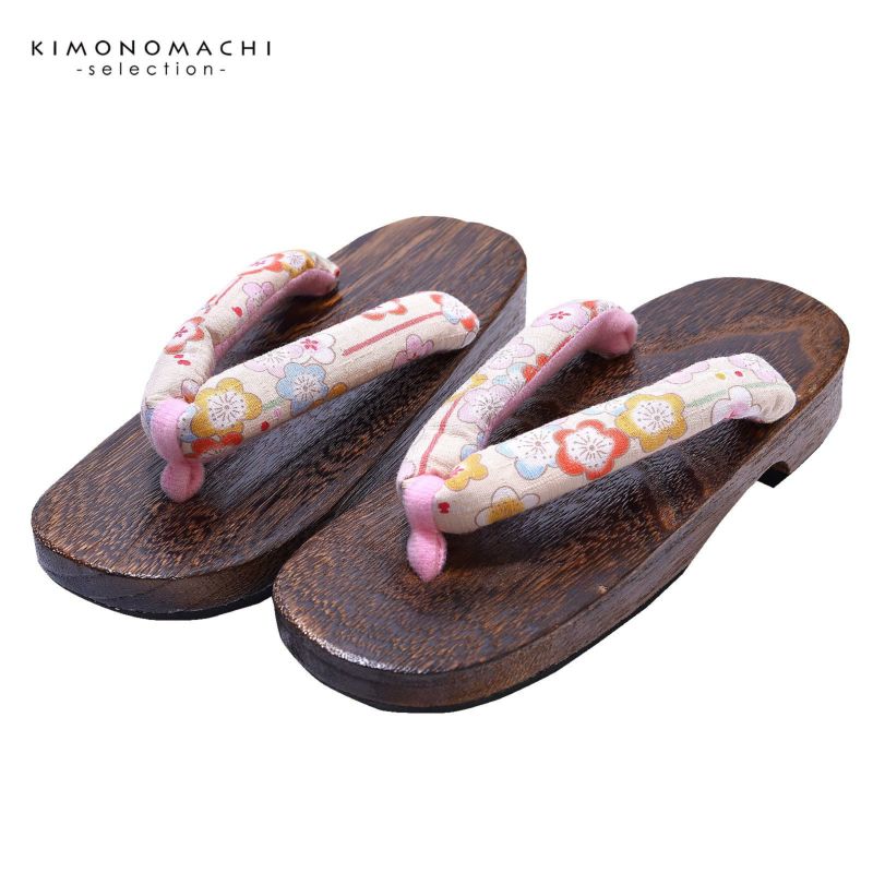 女性下駄単品 「クリーム地に梅」 フリーサイズ Fサイズ 23.5～24.5cm 痛くなりにくい 下駄 女性 レディース 桐下駄 浴衣・夏着物に 浴衣下駄