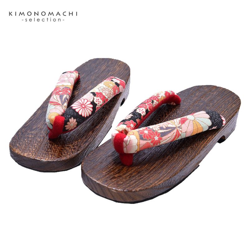 女性下駄単品 「黒地に菊と小梅」 フリーサイズ Fサイズ 23.5～24.5cm 痛くなりにくい 下駄 女性 レディース 桐下駄 浴衣・夏着物に 浴衣下駄