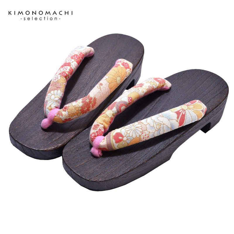 女性下駄単品 「ピンク地に菊と牡丹」 フリーサイズ Fサイズ 23.5～24.5cm 痛くなりにくい 下駄 女性 レディース 桐下駄 浴衣・夏着物に 浴衣下駄