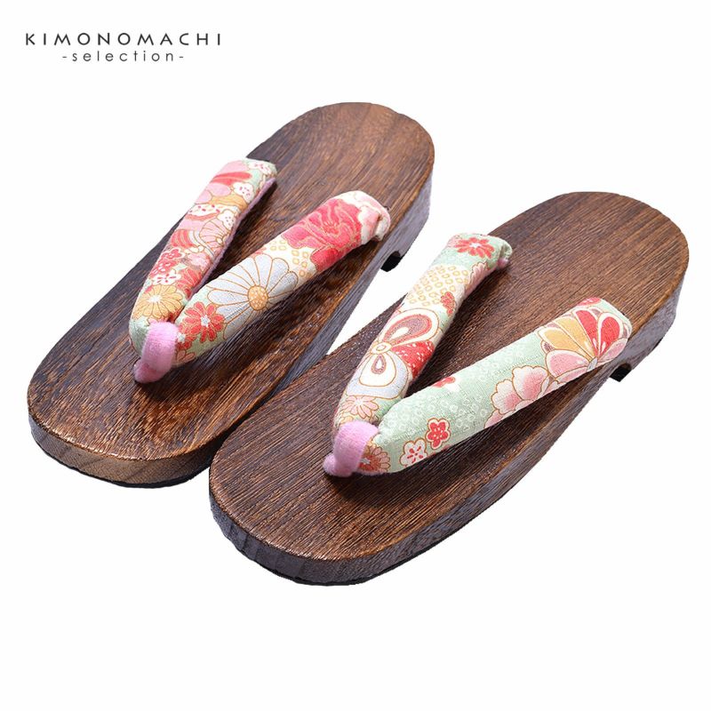 女性下駄単品 「薄緑地に菊と牡丹」 フリーサイズ Fサイズ 23.5～24.5cm 痛くなりにくい 下駄 女性 レディース 桐下駄 浴衣・夏着物に 浴衣下駄