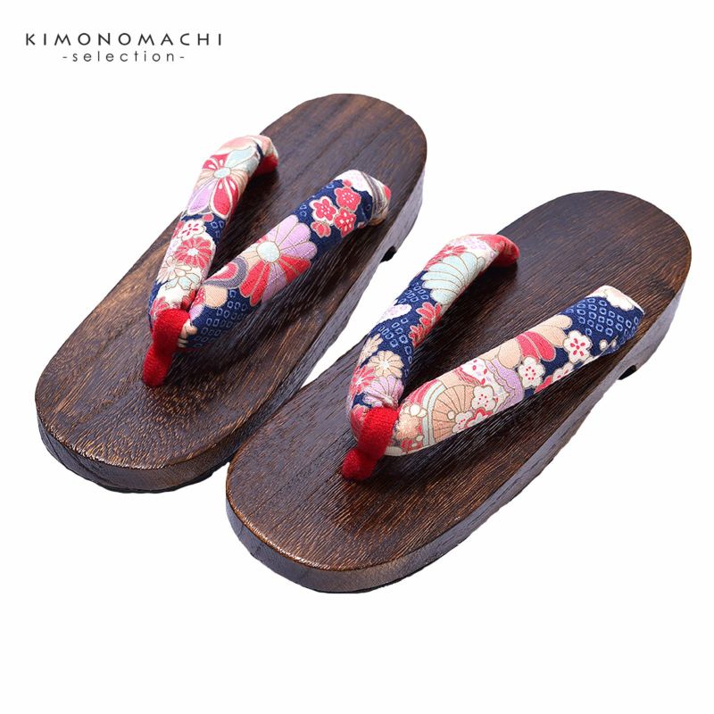 女性下駄単品 「紺地に菊と牡丹」 フリーサイズ Fサイズ 23.5～24.5cm 痛くなりにくい 下駄 女性 レディース 桐下駄 浴衣・夏着物に 浴衣下駄