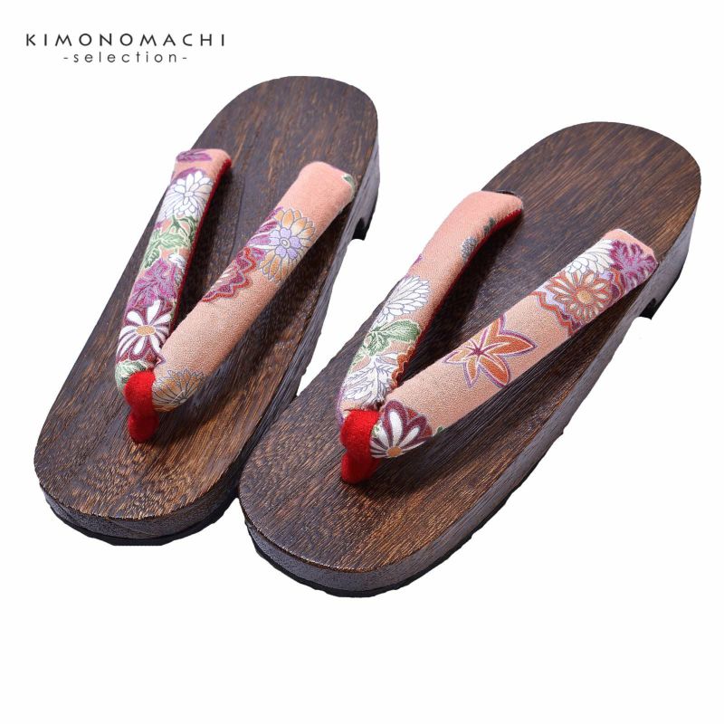 女性下駄単品 「曙色地に菊と紅葉」 Lサイズ 24.0～25.5cm 痛くなりにくい 下駄 女性 レディース 桐下駄 浴衣・夏着物に 浴衣下駄